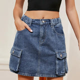 Washed Multi-Pocket Denim Cargo Skirt