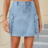 Elastic Waist Tie Denim Cargo Skirt