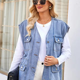 Trendy Washed Multi-Pocket Denim Vest