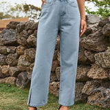 Trendy Split-Hem Washed Denim Pants