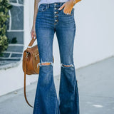 High-Waist Ripped Button-Fly Flared Denim Pants