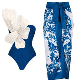 Blue Swimsuit Set Pearl Floral Accents