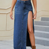 Washed High-Slit Denim Maxi Skirt