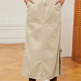 Drawstring Elastic Waist Denim Midi Skirt