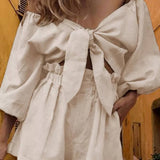 Linen Wrap Front Tie Puff Sleeve Shorts Sets In Khaki