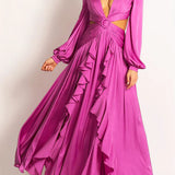 V-Neck Waist Cutout Ruffle Maxi Dress