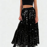 Black Sequin Tulle Midi Skirt