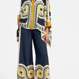 Fine Satin Floral Print Batwing Sleeve Pants Set - Yellow-blue