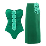 Green 3D Floral Strapless Swimsuit
