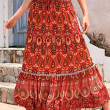 Bohemian Shirred High Waist Skirt In Red