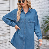 Vintage Washed Denim Long-Sleeve Midi Dress