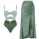 Morandi Green Colorblock High-Waist Swimsuit Set