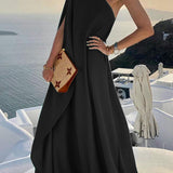 Fashionable Solid Color Loose One Shoulder Maxi Dress