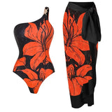 One Shoulder Printed One Piece Swimsuit Set