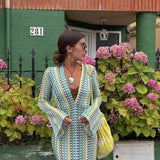 Boho V Neck Bell Sleeve Wavy Striped Crochet Beach Vacation Maxi Dress