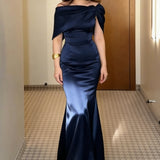 Navy Satin One-Shoulder Draped Column Gown