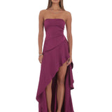 Strapless High-Shine Satin Asymmetric Slit Gown