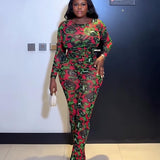 Red & Green Abstract Floral Print Bodysuit Pants Set