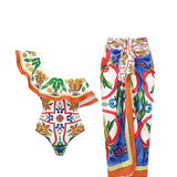 One Shoulder Enamel Print Swimsuit Set