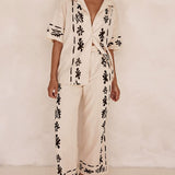 Black Printed Cream Wide Leg Pants-Set