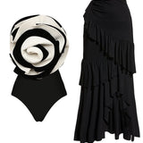 Black and White Floral Swimsuit Set