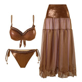 Ruched Tie Brown Glossy Bikini Set