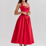 Halter Neck Midi Dress with Side Slit - Scarlet Red