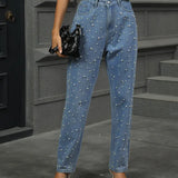 Fall Pearl-Accent Straight-Leg Denim Pants