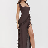 Ruffled Long Maxi Slip Dress - Coffee