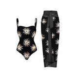 Print Sheen Quick-Dry One Piece Swimsuit with Sarong - Fireworks