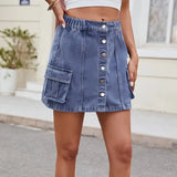 Button-Front Washed Denim Skirt
