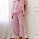 Casual Ruffled Plaid Print Shirt Pajama Set