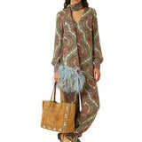 Paisley Print Relaxed Scarf Blouse & Elastic Hem Pants Set