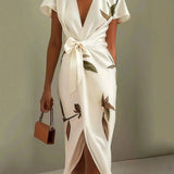 White Leaf Short Sleeve Satin Wrap Sheath Midi Dress