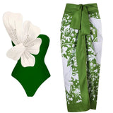 Green Swimsuit Set Pearl Floral Embellishments
