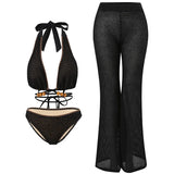 Beaded Knit Tie-String Black Bikini Set