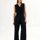 Black Sleeveless Wrap-Effect Wide-Leg Jumpsuit