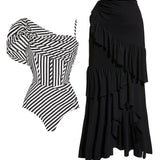 Off Shoulder Striped Print Swimsuit Set