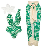 Floral Appliqué Green Printed One-Piece Swimsuit