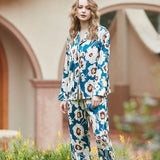 Blue Floral Pattern Long Sleeve Loungewear Set