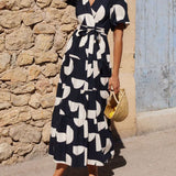 Puff Sleeve V-Neck Geometric Print Midi Dress