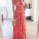 Butterfly Sleeve Print Ruffle Slit Dress