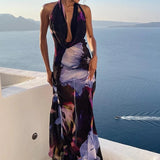 Sexy Low Back Halter Neck Floral-Print Mesh Maxi Dress