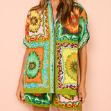 Special Sunflower Print Elastic Waist Shorts-Set