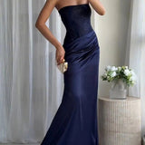Strapless Rhinestone Pleated Maxi Dress
