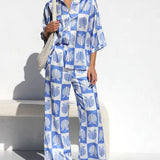 Special Satin Shell Print Wide Leg Pants-Set