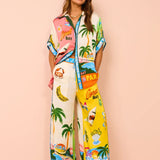 Vacation Leisure Loose Print Wide Leg Pants-Set