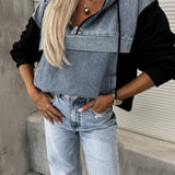 Loose Casual Wash Denim Patchwork Hoodie