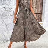 Women's Patterned Sleeveless Halterneck Midi Dress with Waist Tie