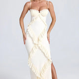 Pleated Frilly Slip Slit Maxi Dress